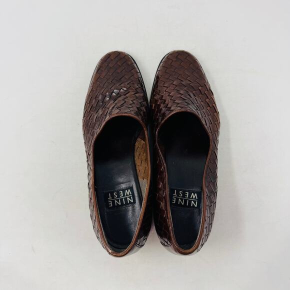 Vintage Nine West 6.5M Brown Woven Leather Loafers Block Heel Slip On Classic - Picture 8 of 12
